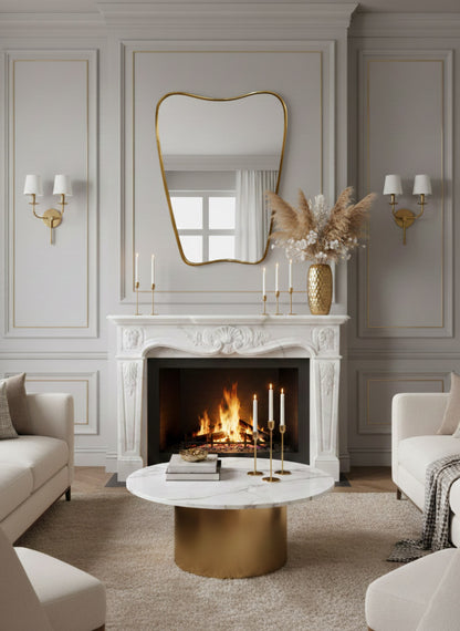 Italian curved brass mirror above marble fireplace in classic living room