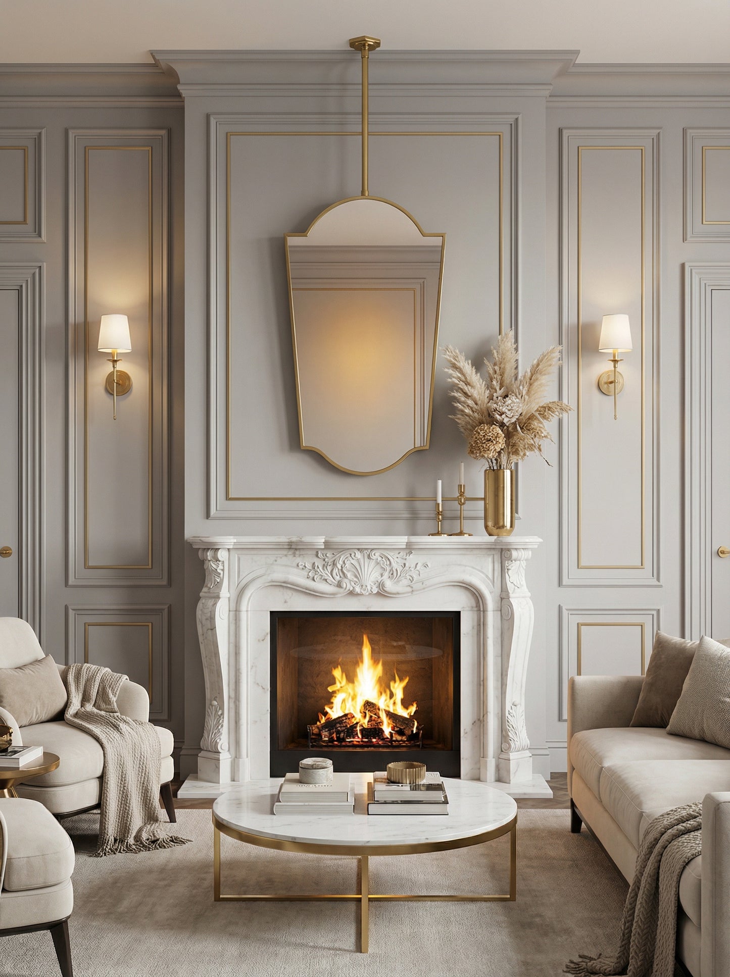 Crown arch brass hanging mirror over marble fireplace mantel