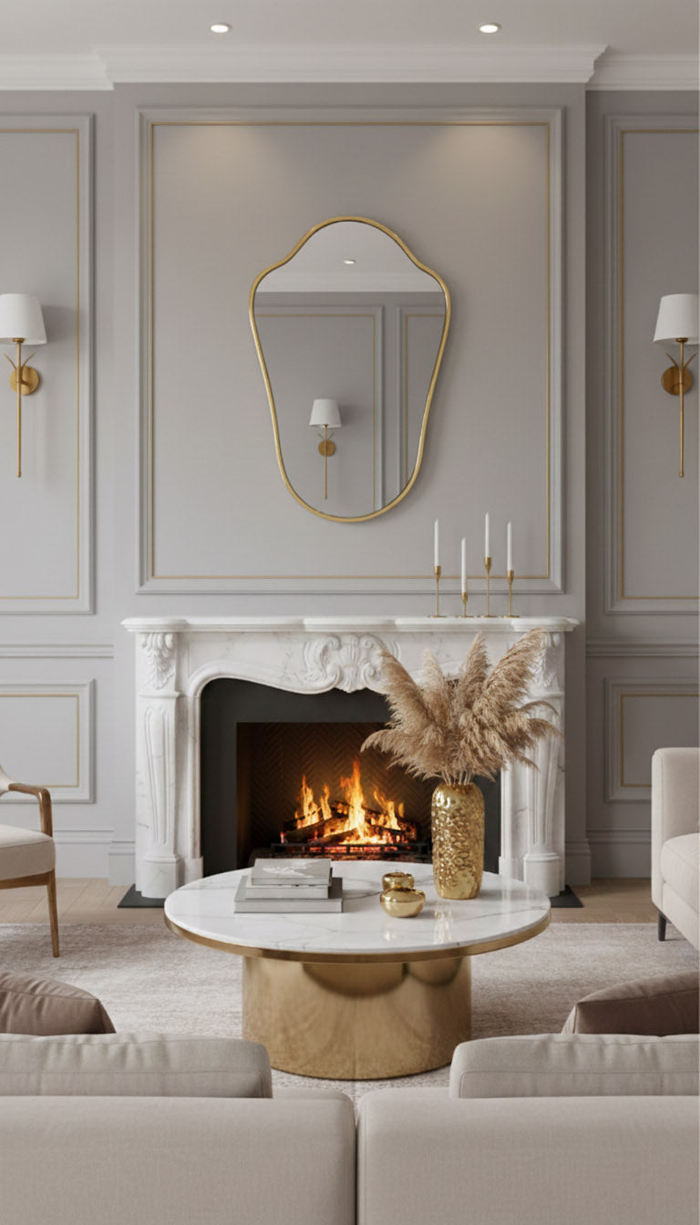 Shield-shaped brass mirror above classic fireplace mantel