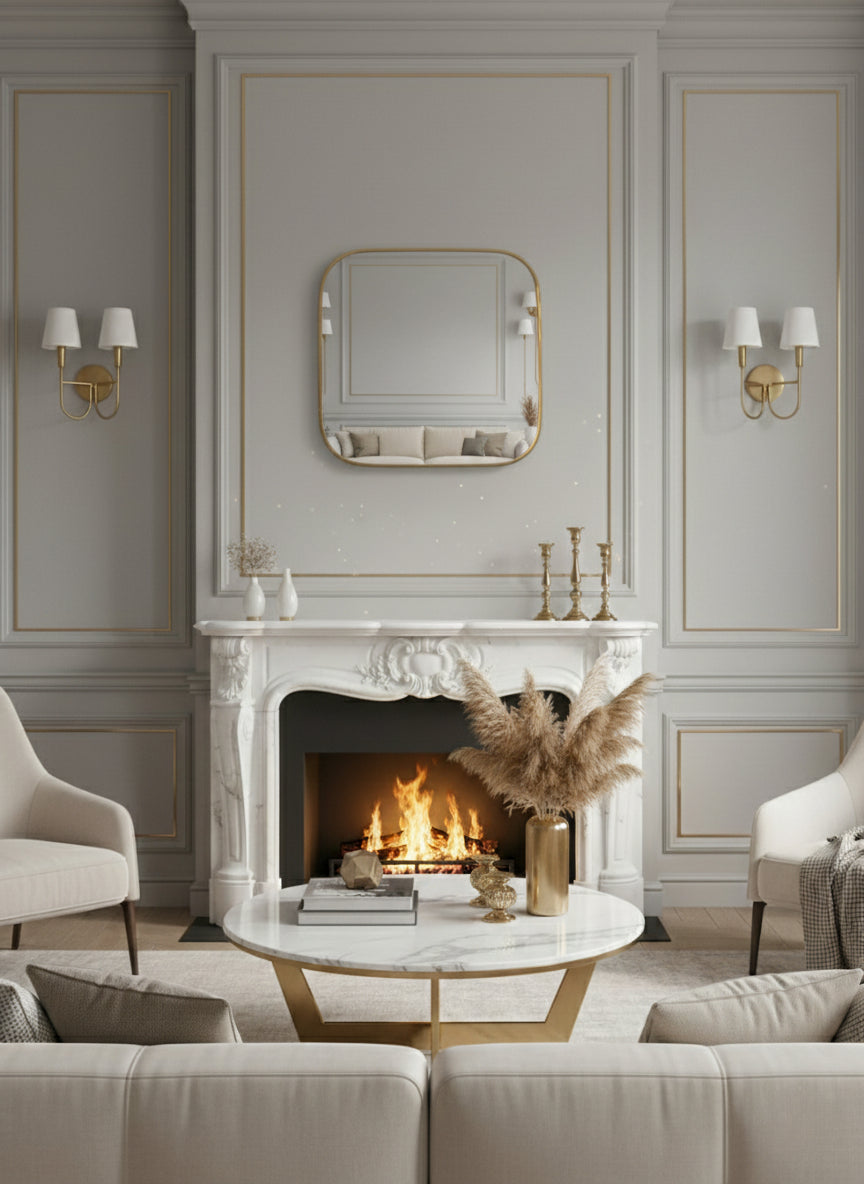 Square brass mirror above fireplace