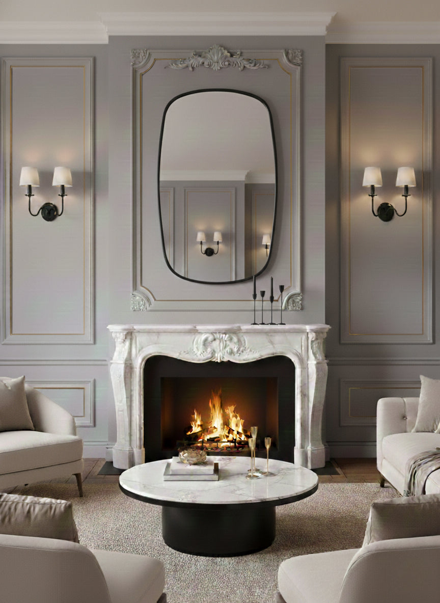 Brass mirror above fireplace