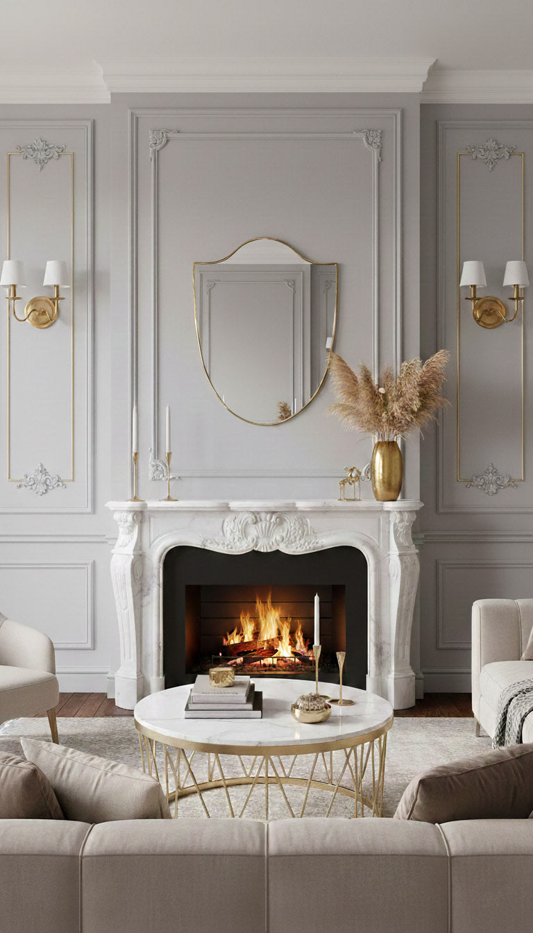 Italian brass mirror over elegant white fireplace mantel