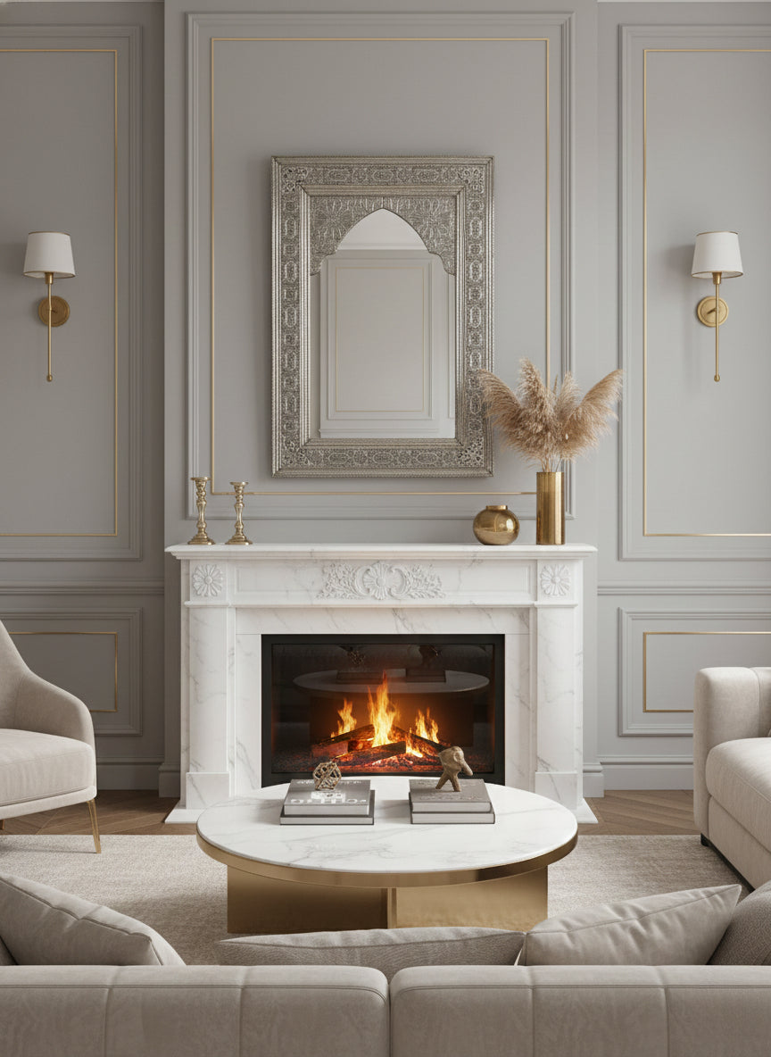 Decorative silver arched mirror above marble fireplace.