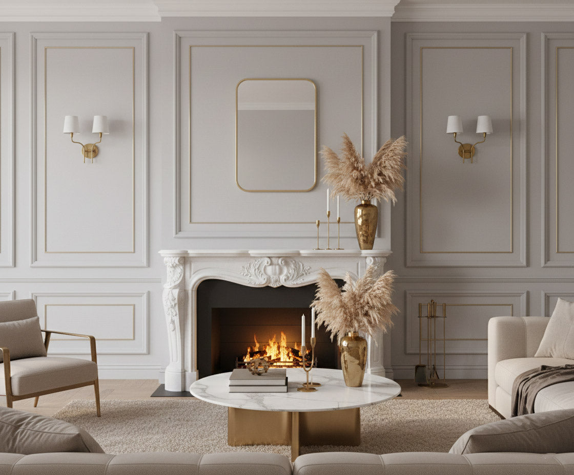 Rectangular brass mirror above classic fireplace mantel.