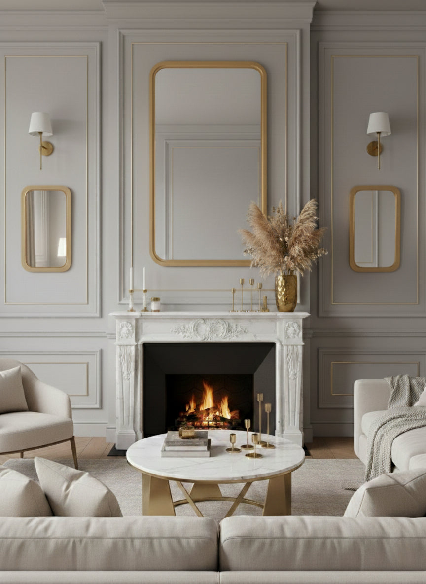 Brass mirror above marble fireplace