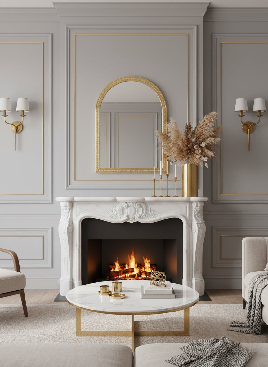 Brass arch mirror above fireplace mantel