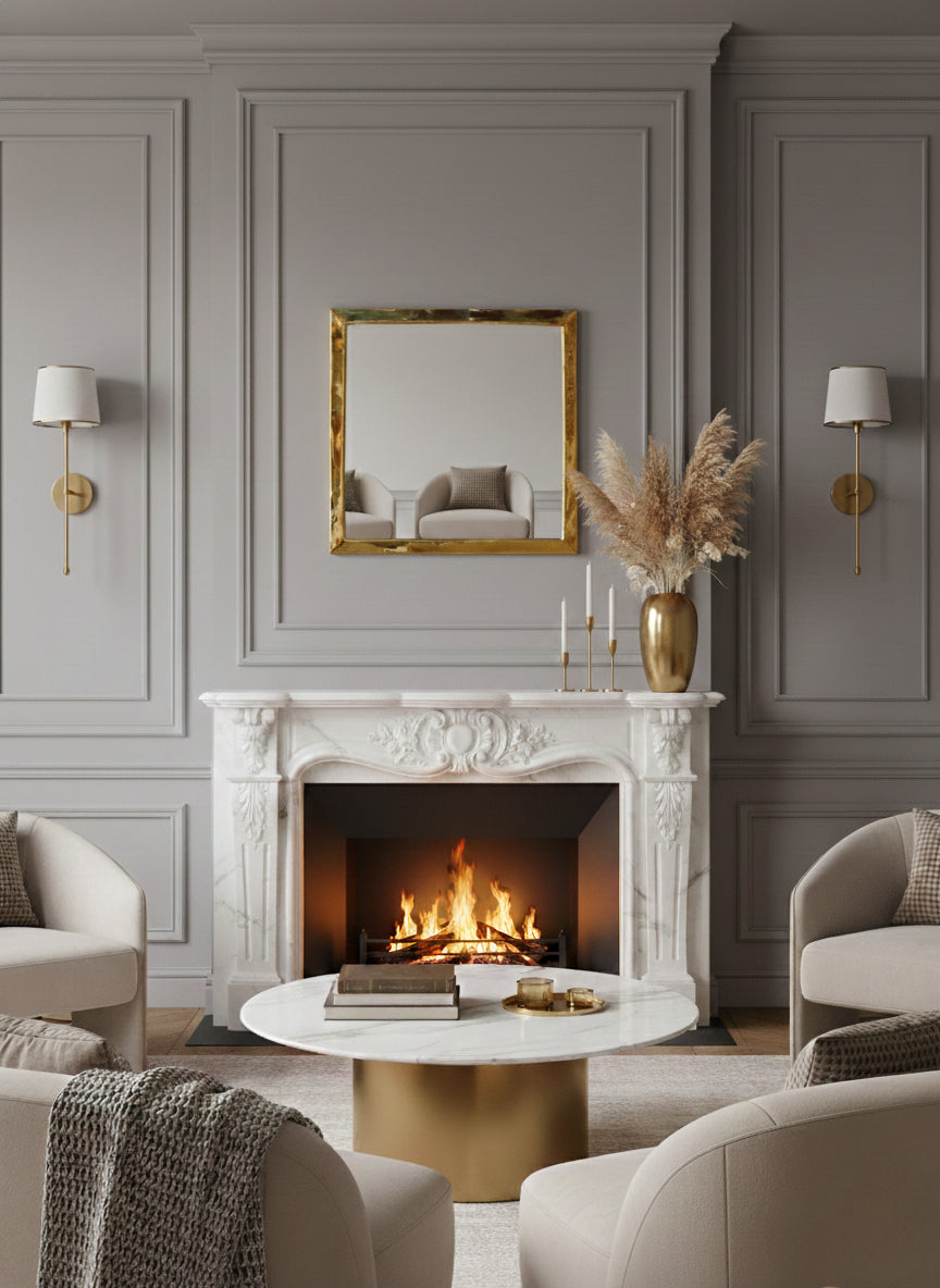 Living room fireplace with square brass wall mirror