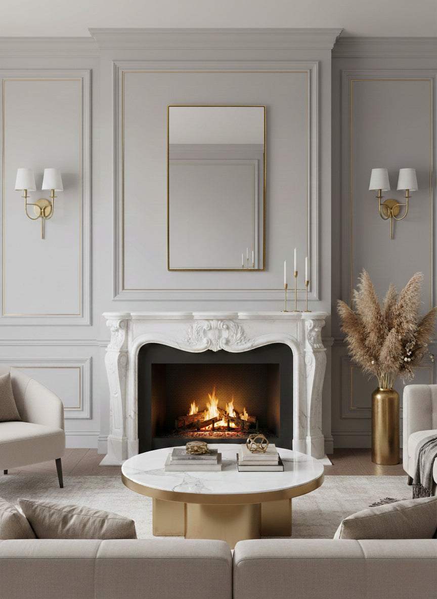 Triangle brass mirror above marble fireplace mantel