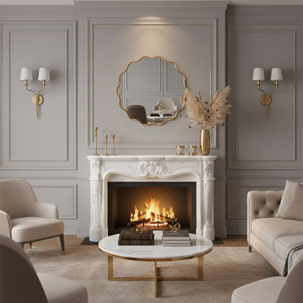 Round wavy gold mirror over fireplace in classic living room.