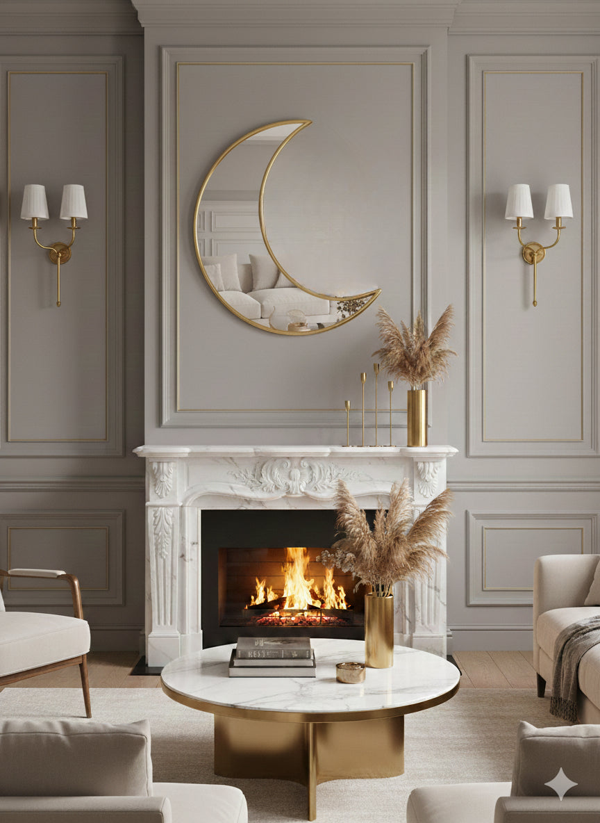 Crescent moon brass mirror styled over classic fireplace