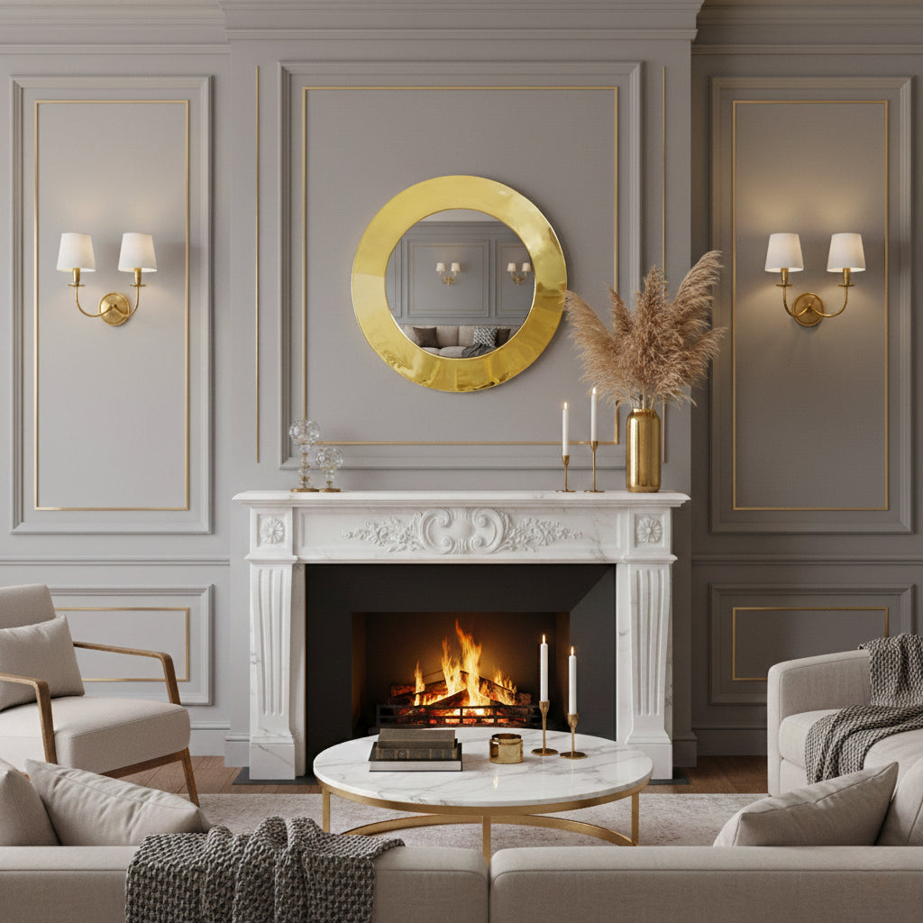Round gold mirror above white fireplace mantel.
