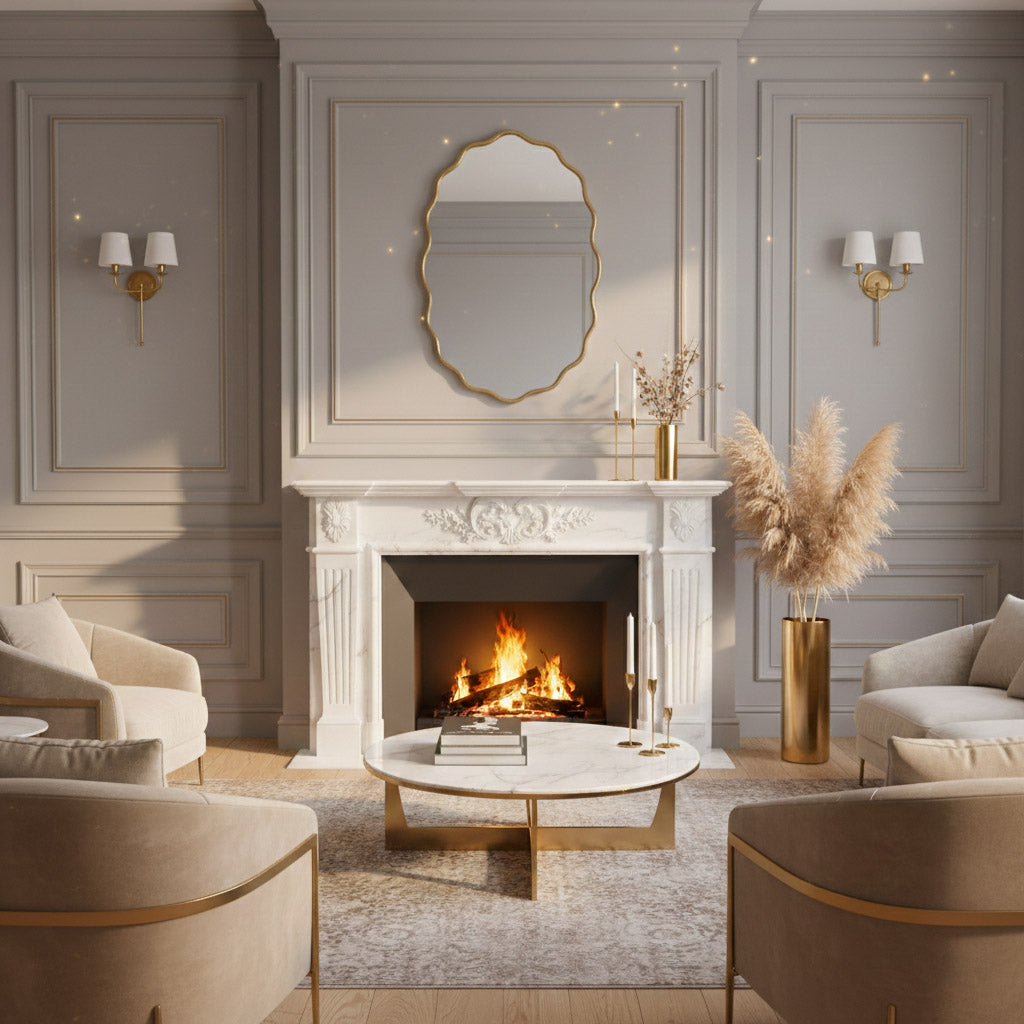 Oval wavy gold mirror over fireplace in classic living room.