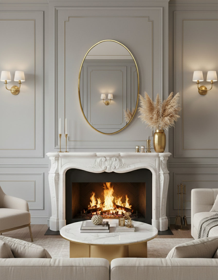 Oval brass mirror above classic fireplace