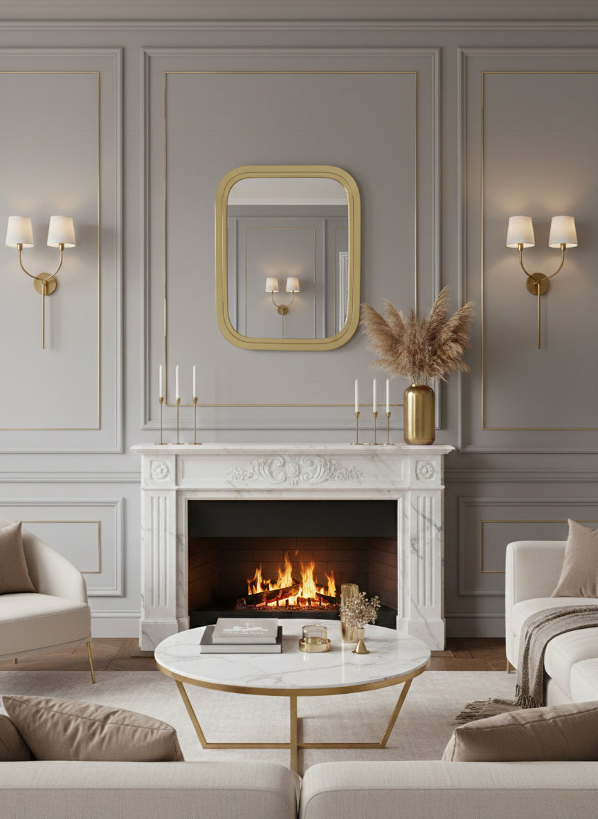 Rectangular brass mirror above a classic fireplace in an elegant living room