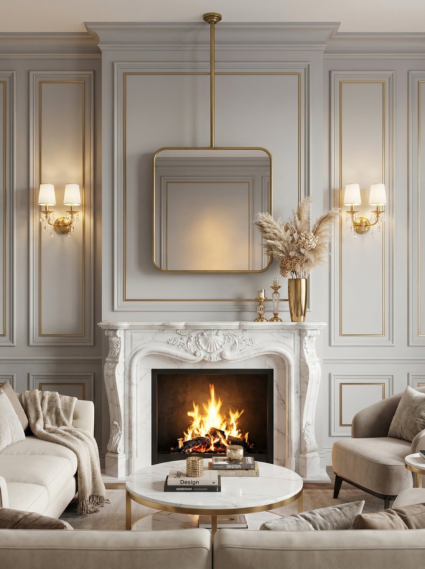Suspended brass square mirror above marble fireplace in classic living room.