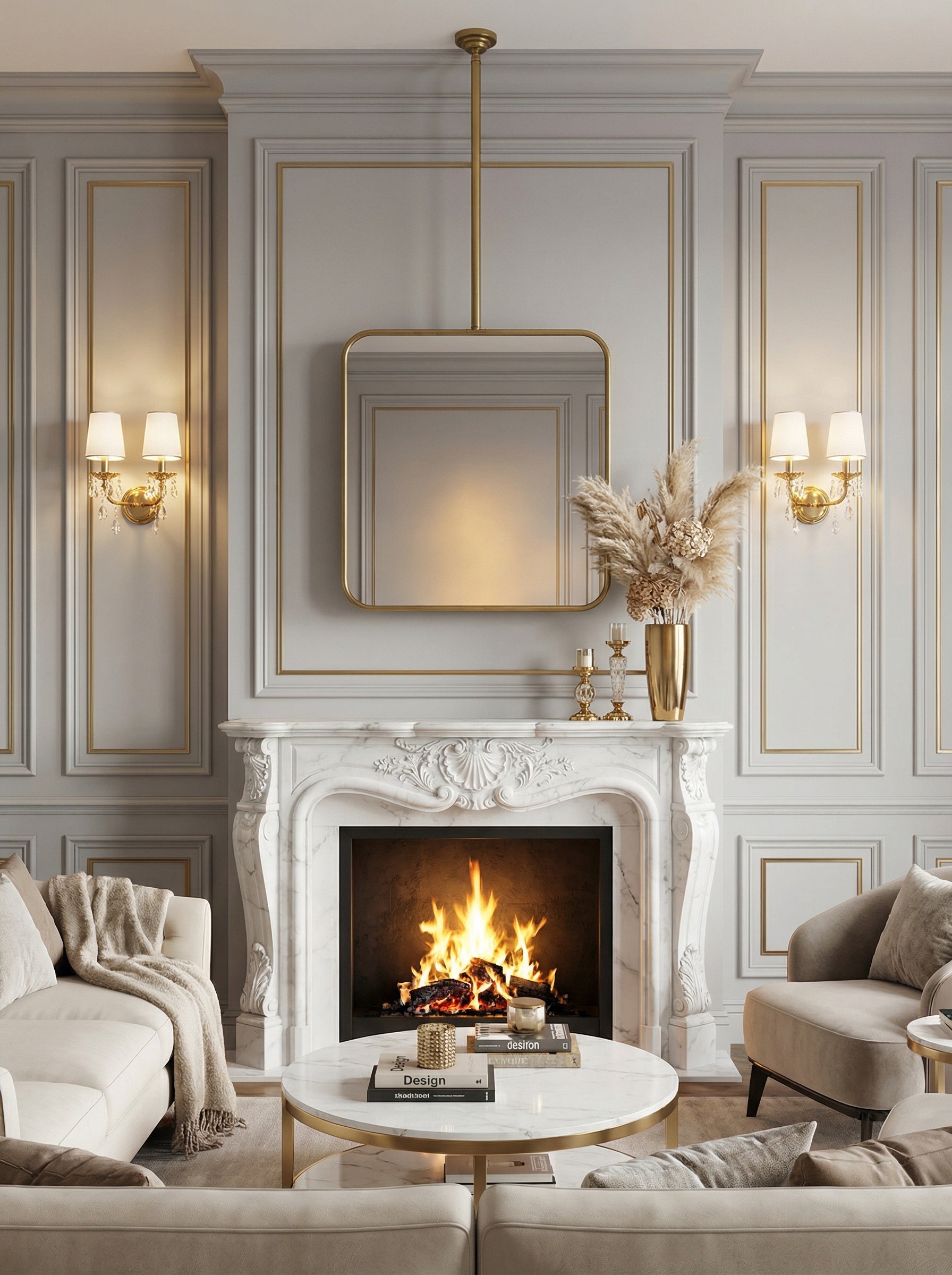 Suspended brass square mirror above marble fireplace in classic living room.
