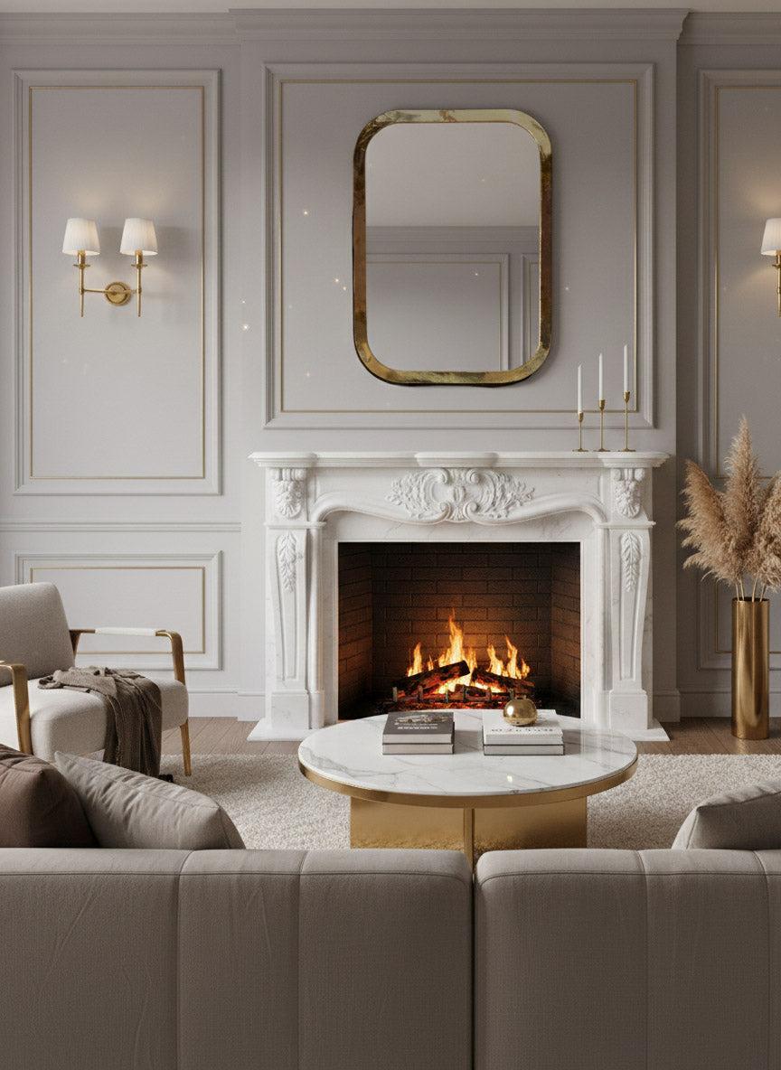 Rounded rectangular brass mirror above marble fireplace mantel