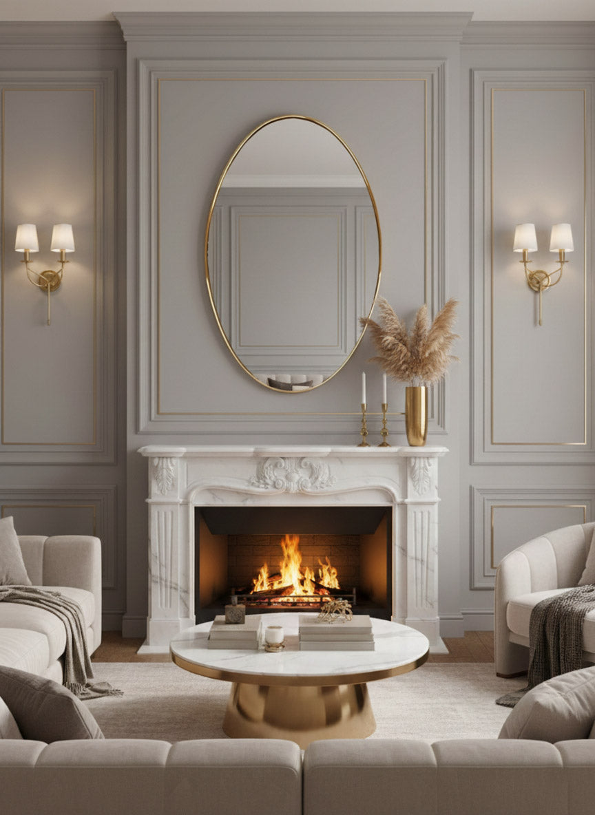 Gold oval mirror above a marble fireplace in an elegant, classic living room.