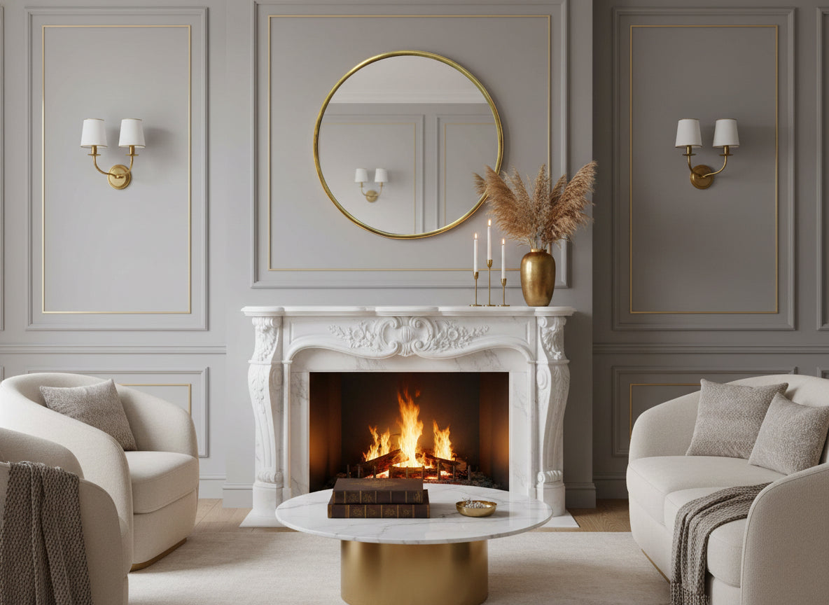 Round brass wall mirror above an ornate white fireplace mantel in a classic neutral living room.