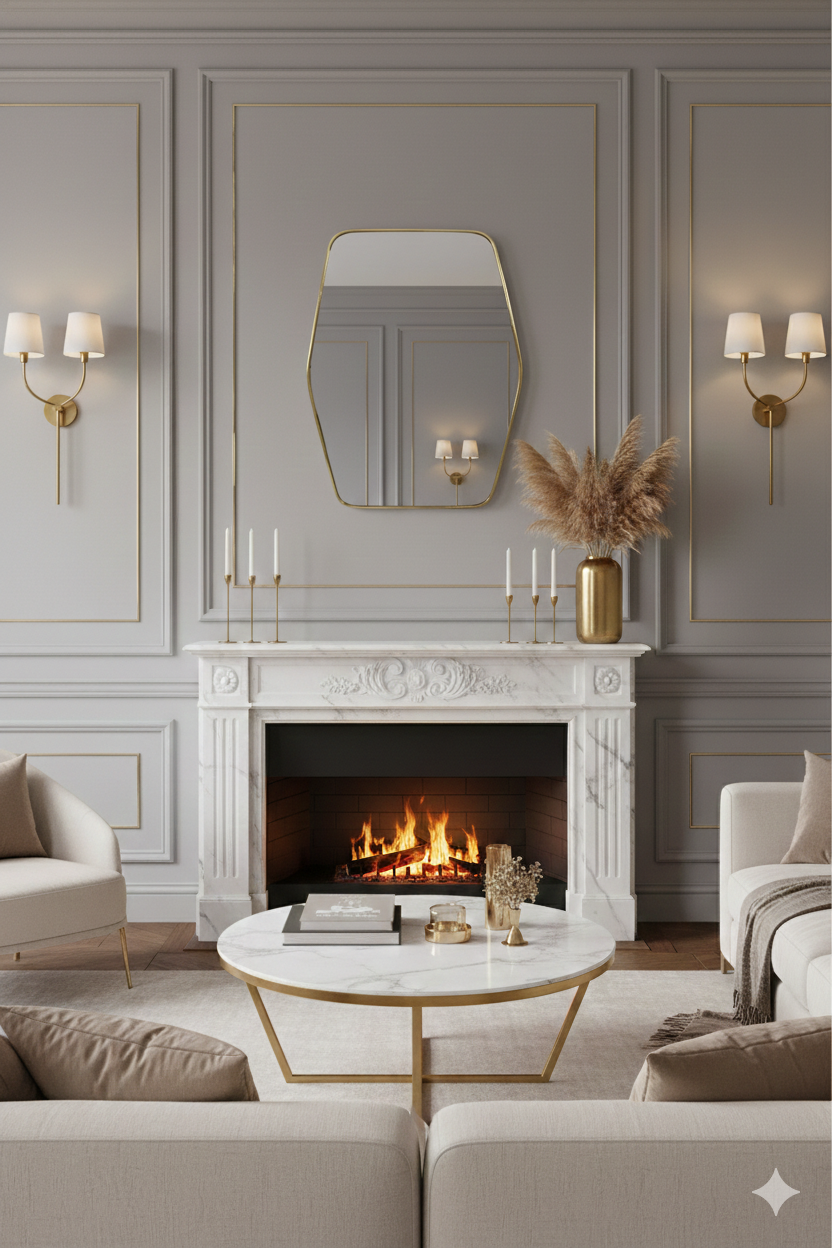Hexagonal brass mirror displayed above classic fireplace mantel