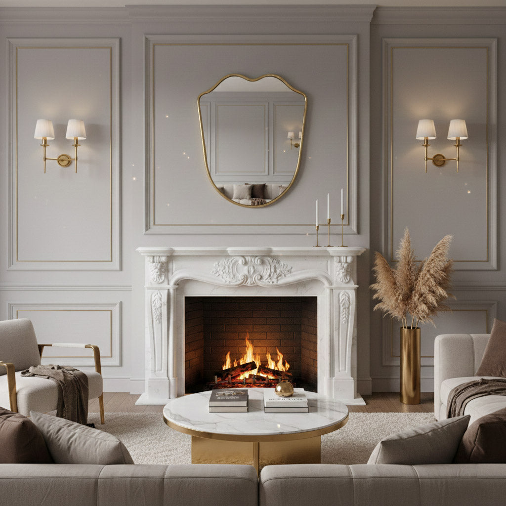 Wavy brass wall mirror above marble fireplace mantel