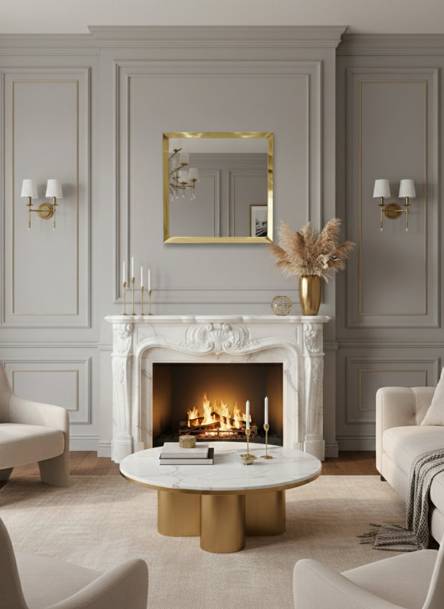 Gold square mirror styled above classic fireplace mantel