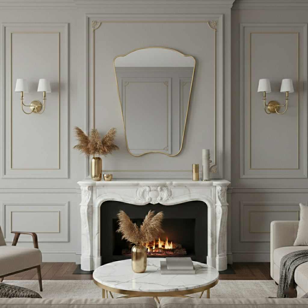 Italian style irregular mirror above marble fireplace in elegant living room