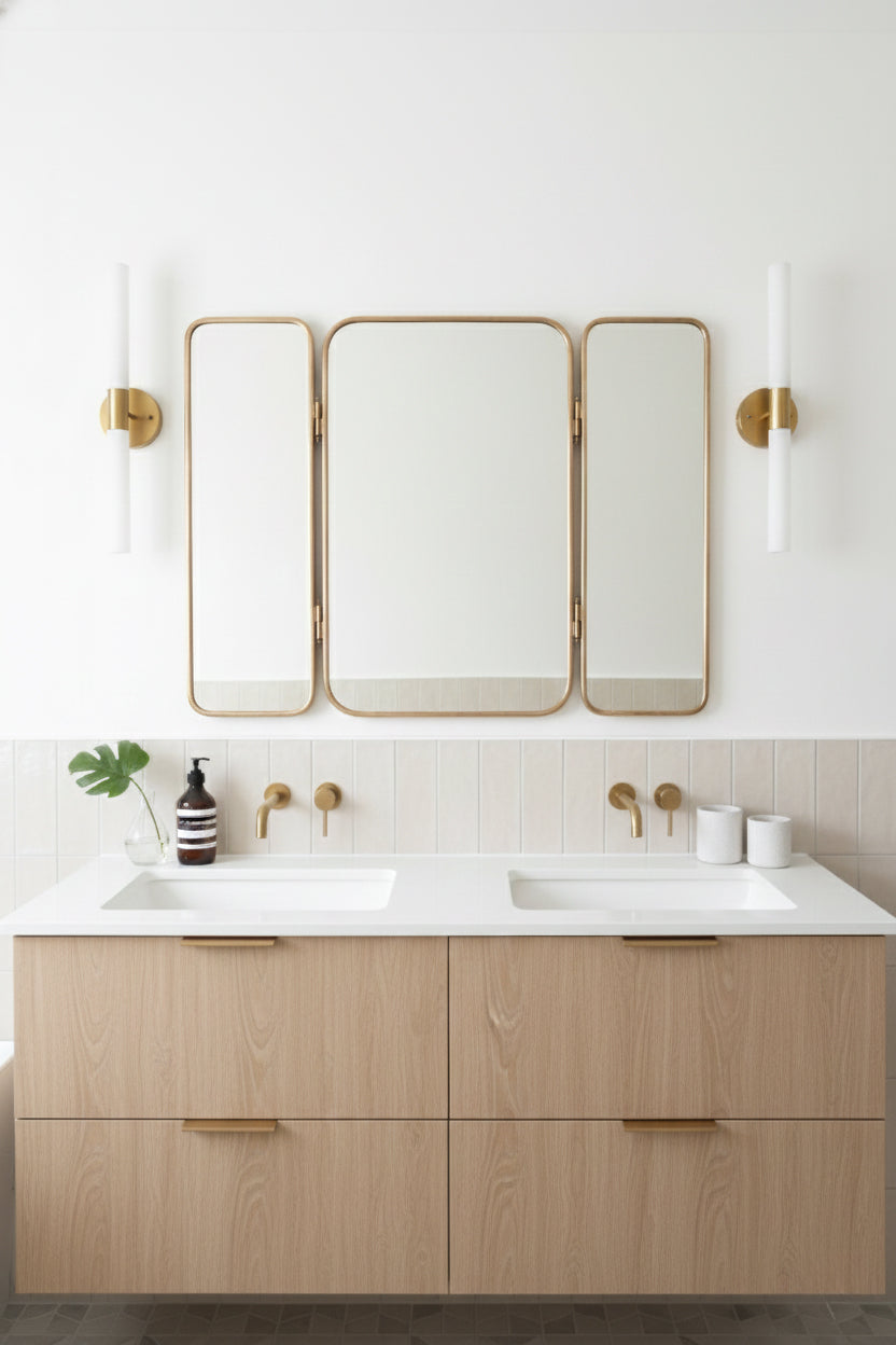 Three-panel brass mirror hung above a double sink vanity with white and light wood décor.