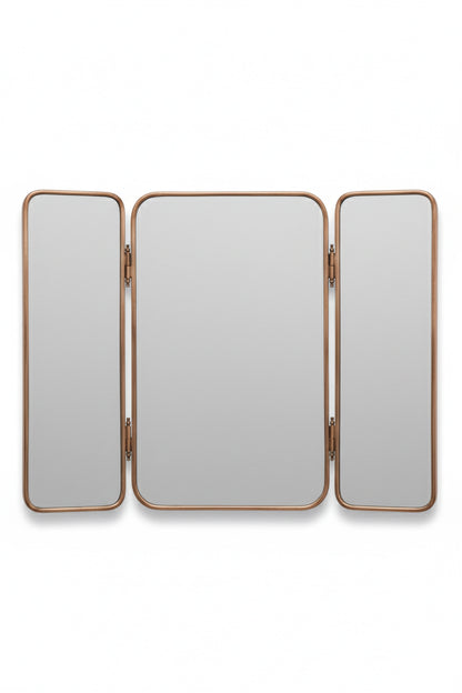 Bronze foldable three-panel mirror with rounded corners displayed on a white background.