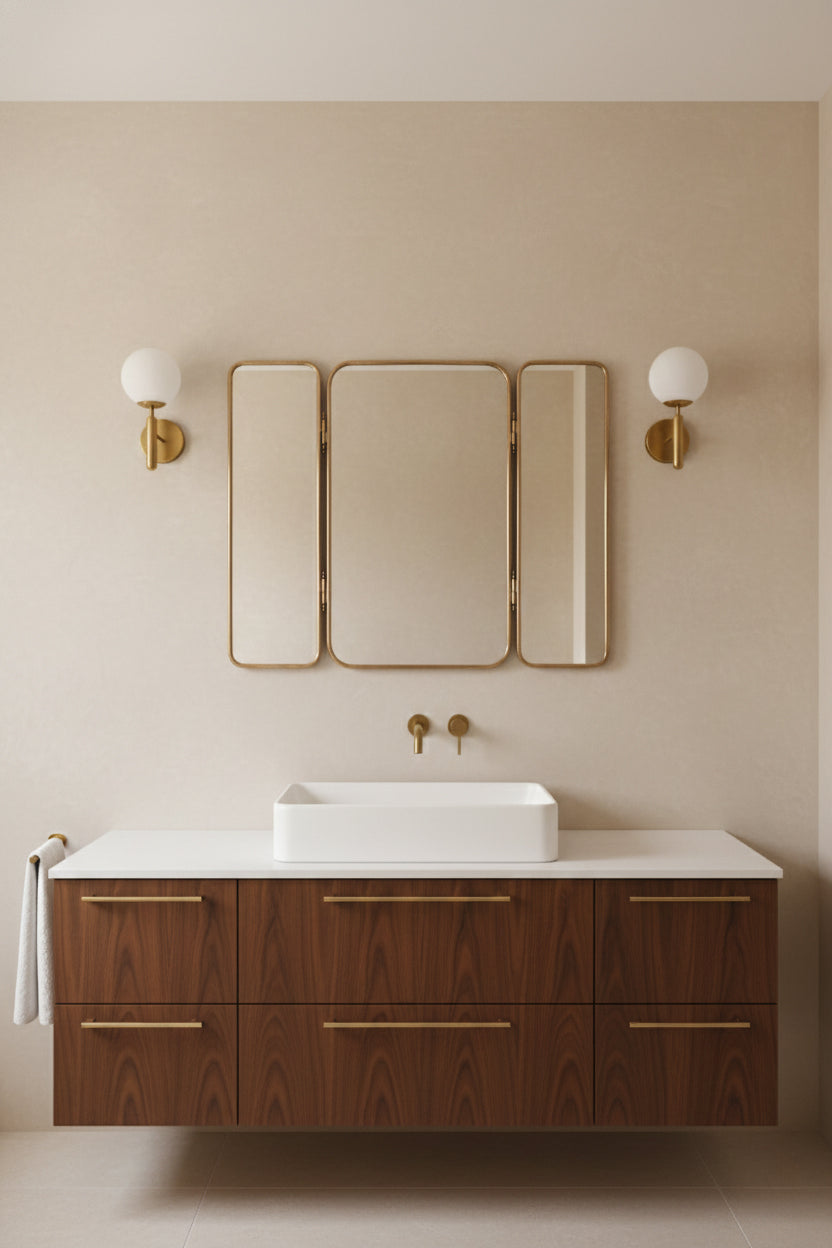 Foldable brass vanity mirror mounted above a bathroom sink with warm beige walls
