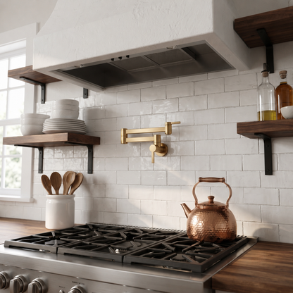 Unlacquered brass wall-mounted pot filler faucet installed above a professional gas range in a modern kitchen with glossy white subway tile backsplash, walnut floating shelves, and warm natural lighting.
