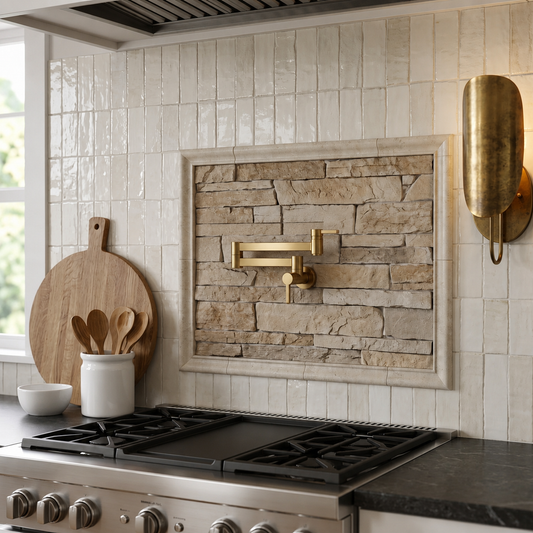 Solid brass folding pot filler faucet mounted over a cooktop with a framed stacked stone backsplash, glossy ceramic tiles, and luxury kitchen styling.
