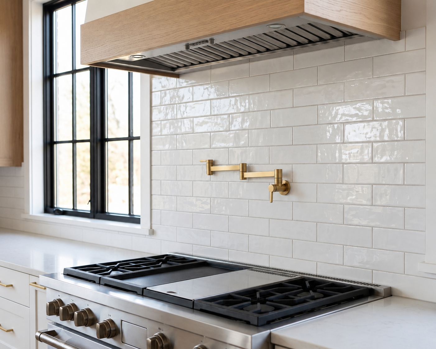 Minimalist brass pot filler faucet mounted above a stainless steel gas range in a bright contemporary kitchen with glossy white subway tile backsplash, oak range hood, and large black-framed window.
