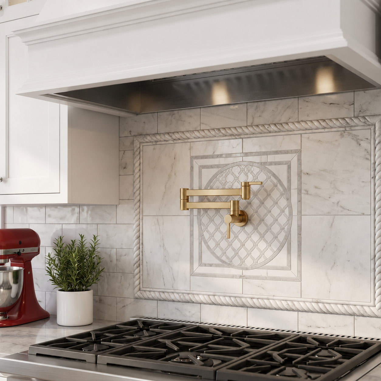 Wall-mounted unlacquered brass pot filler faucet installed above a professional gas range with an elegant marble feature backsplash and decorative mosaic insert in a luxury kitchen.
