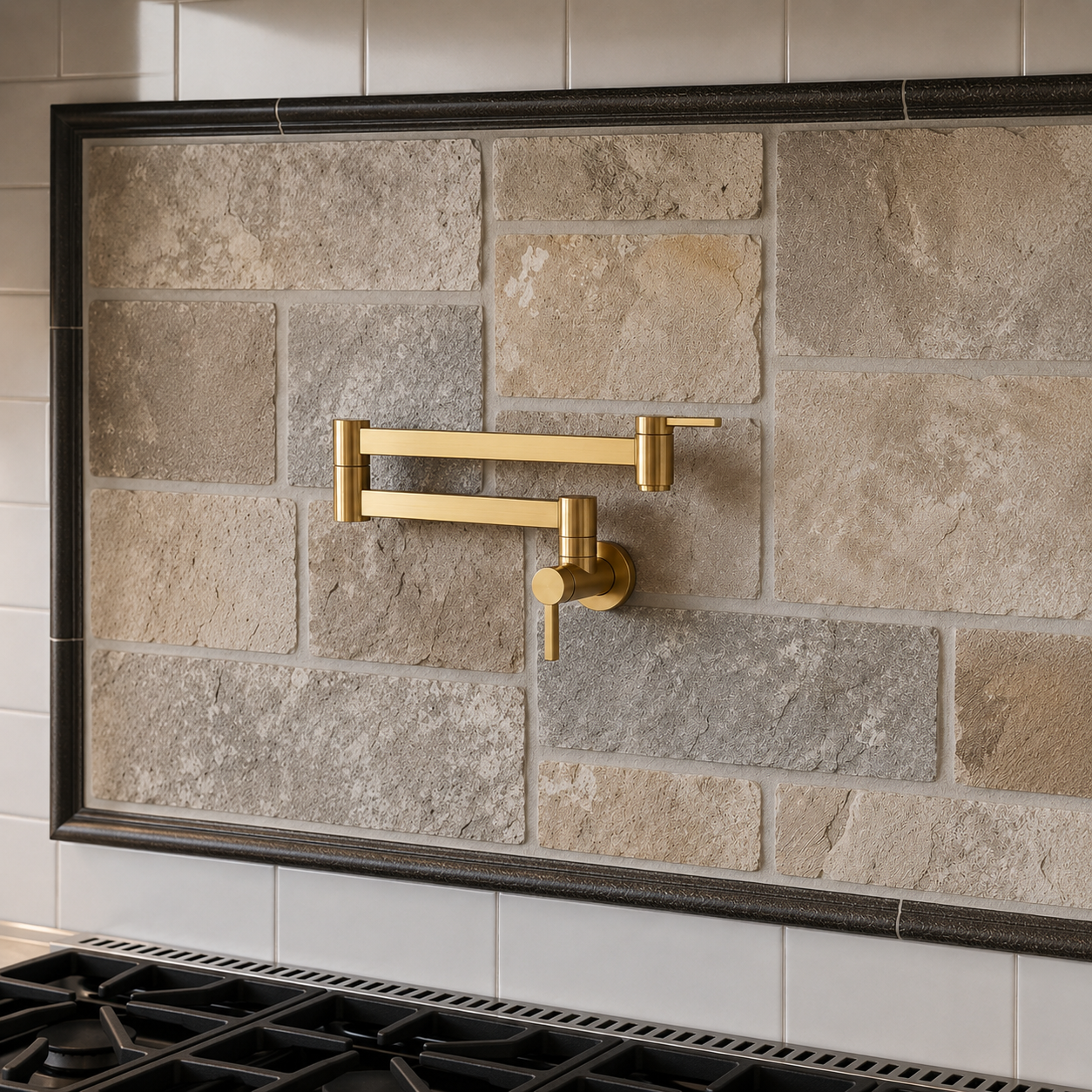 Close-up of a modern solid brass wall-mounted pot filler faucet featuring articulated folding arms, a brushed unlacquered finish, and a minimalist single-handle design against a stone backsplash.
