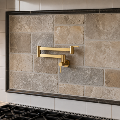 Close-up of a modern solid brass wall-mounted pot filler faucet featuring articulated folding arms, a brushed unlacquered finish, and a minimalist single-handle design against a stone backsplash.
