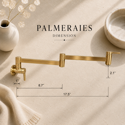 Dimension drawing of an unlacquered brass wall-mounted pot filler faucet showing a 17.5-inch reach, 8.7-inch arm length, 2.1-inch outlet height, and installation measurements.