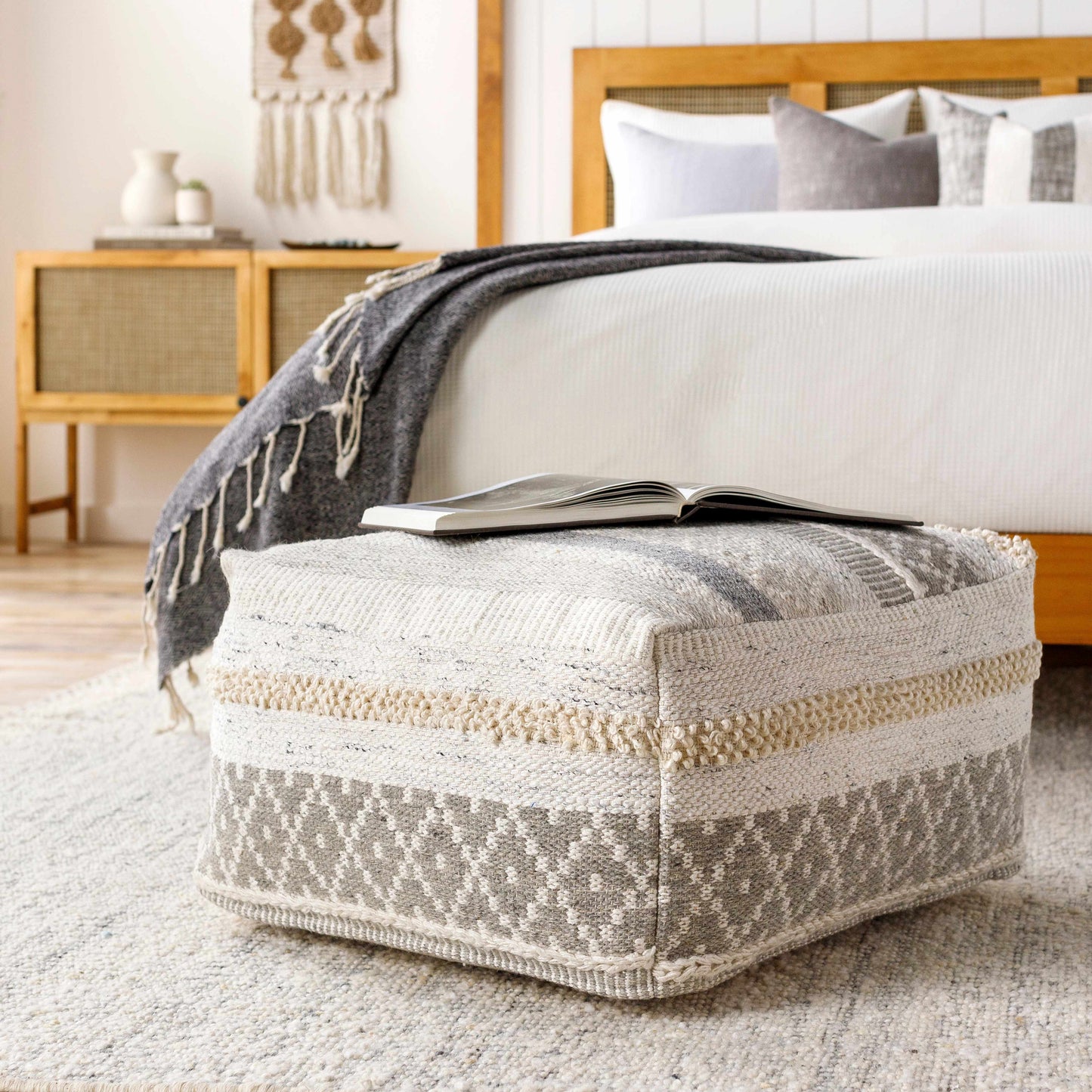 Geyser Woven Cotton Pouf In White And Gray For Living Room