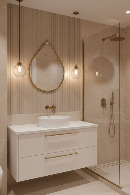 Teardrop brass bathroom mirror above white vanity
