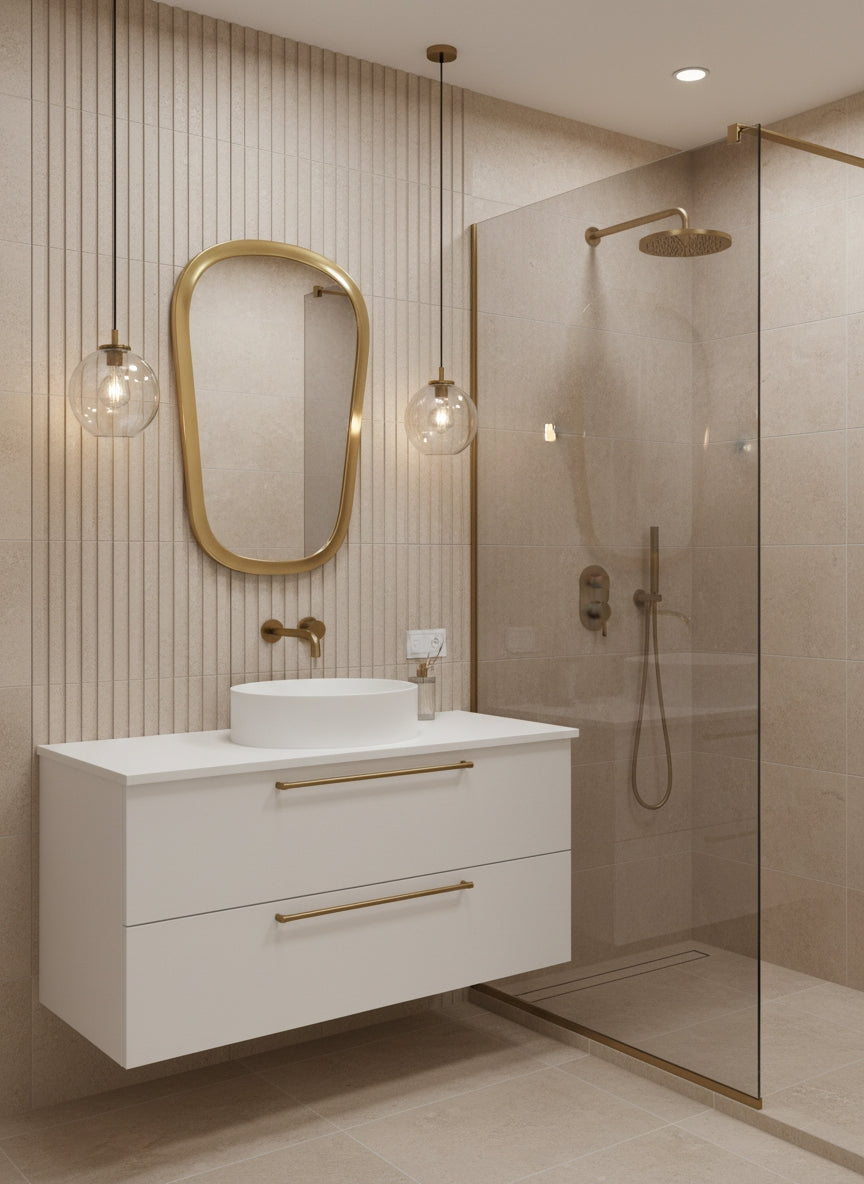 Brass mirror in modern bathroom with glass shower