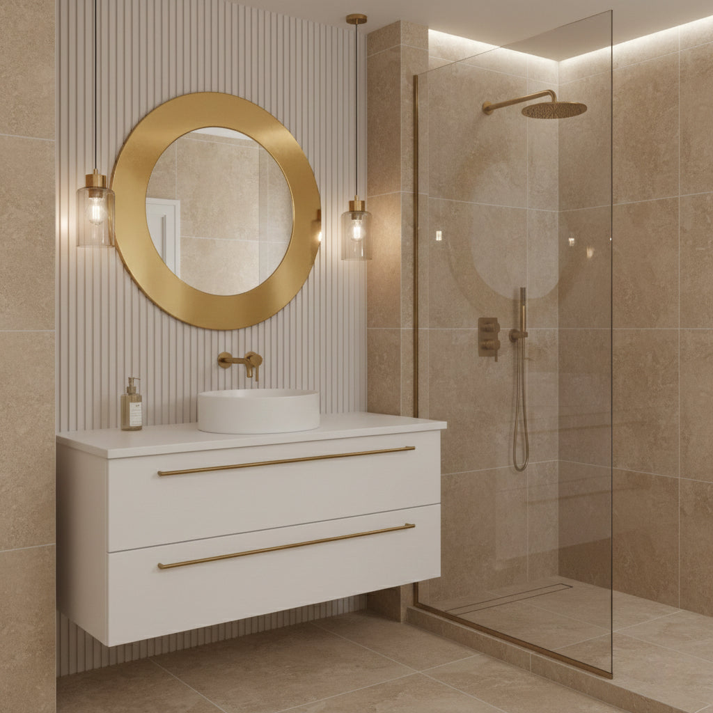 Round gold mirror over white bathroom vanity.