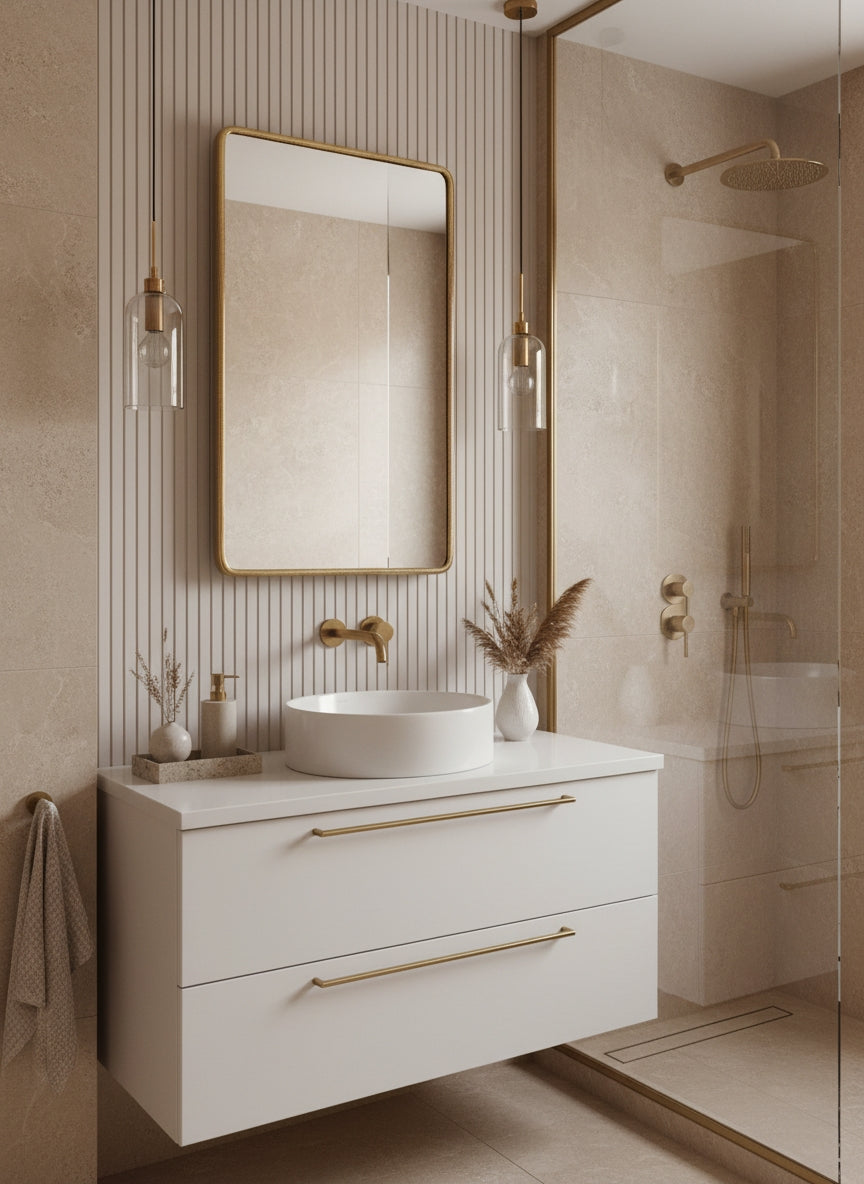 Rectangular brass vanity mirror in modern bathroom with glass shower