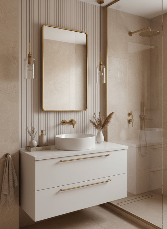 Rectangular brass vanity mirror in modern bathroom with glass shower