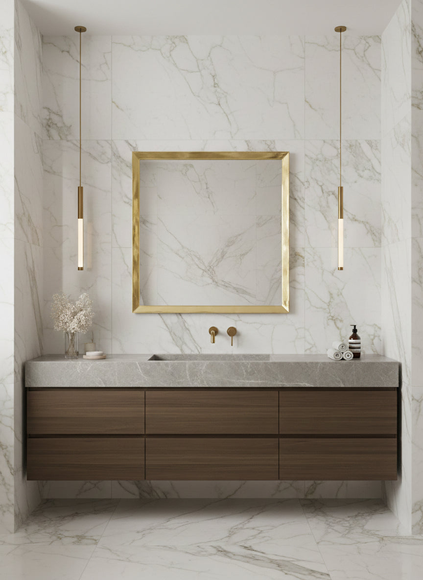Gold square brass mirror in marble bathroom interior