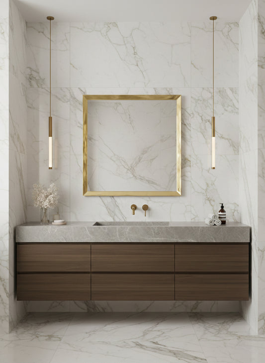 Gold square brass mirror in marble bathroom interior
