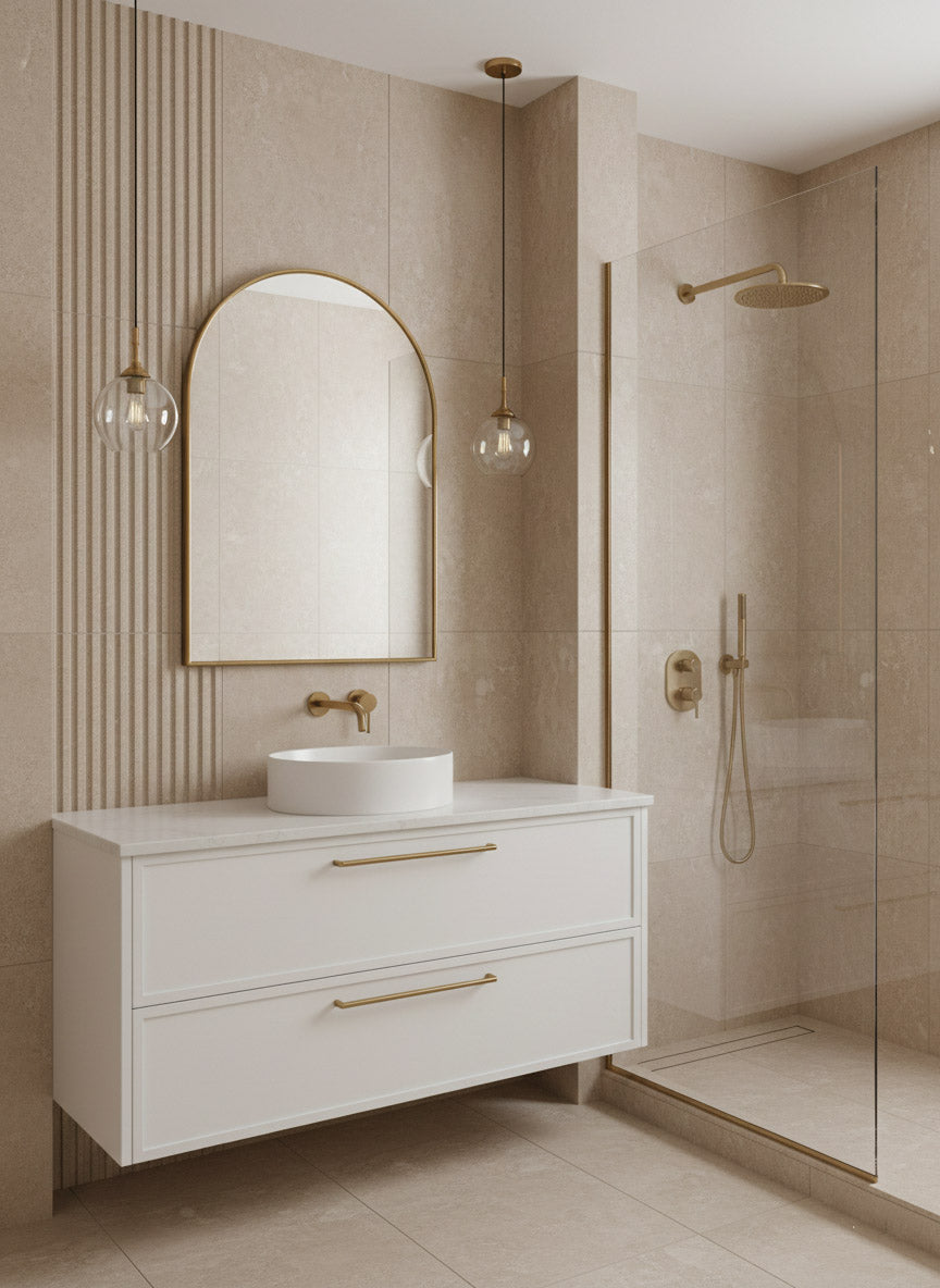 Arched brass mirror above modern beige bathroom vanity