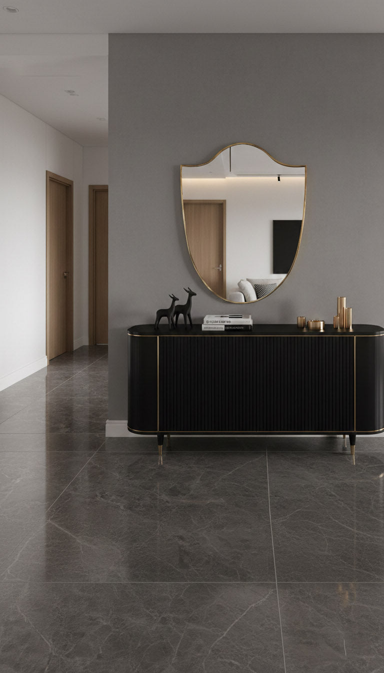 Italian brass mirror over black console in modern entryway

