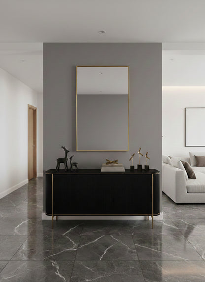 Triangle brass mirror in contemporary hallway interior