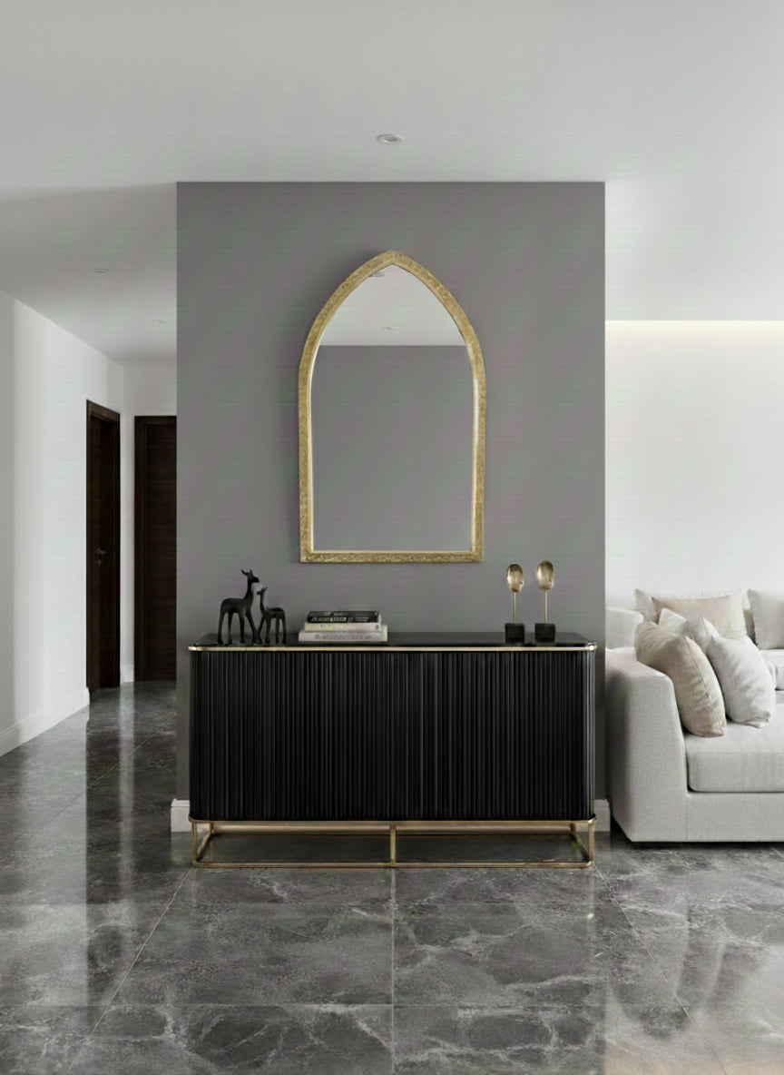 Arch brass mirror in modern living space