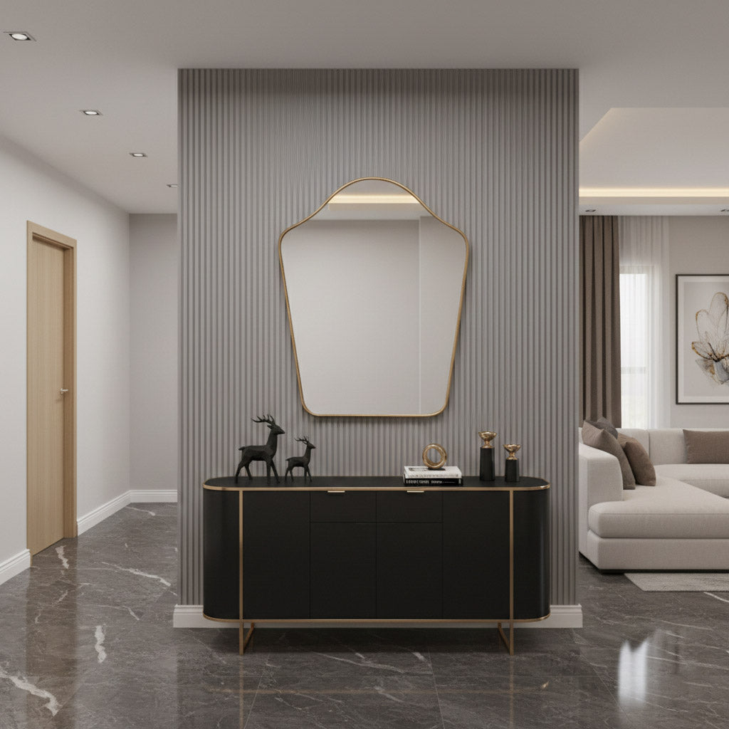 Modern arched top mirror over black console in contemporary hallway